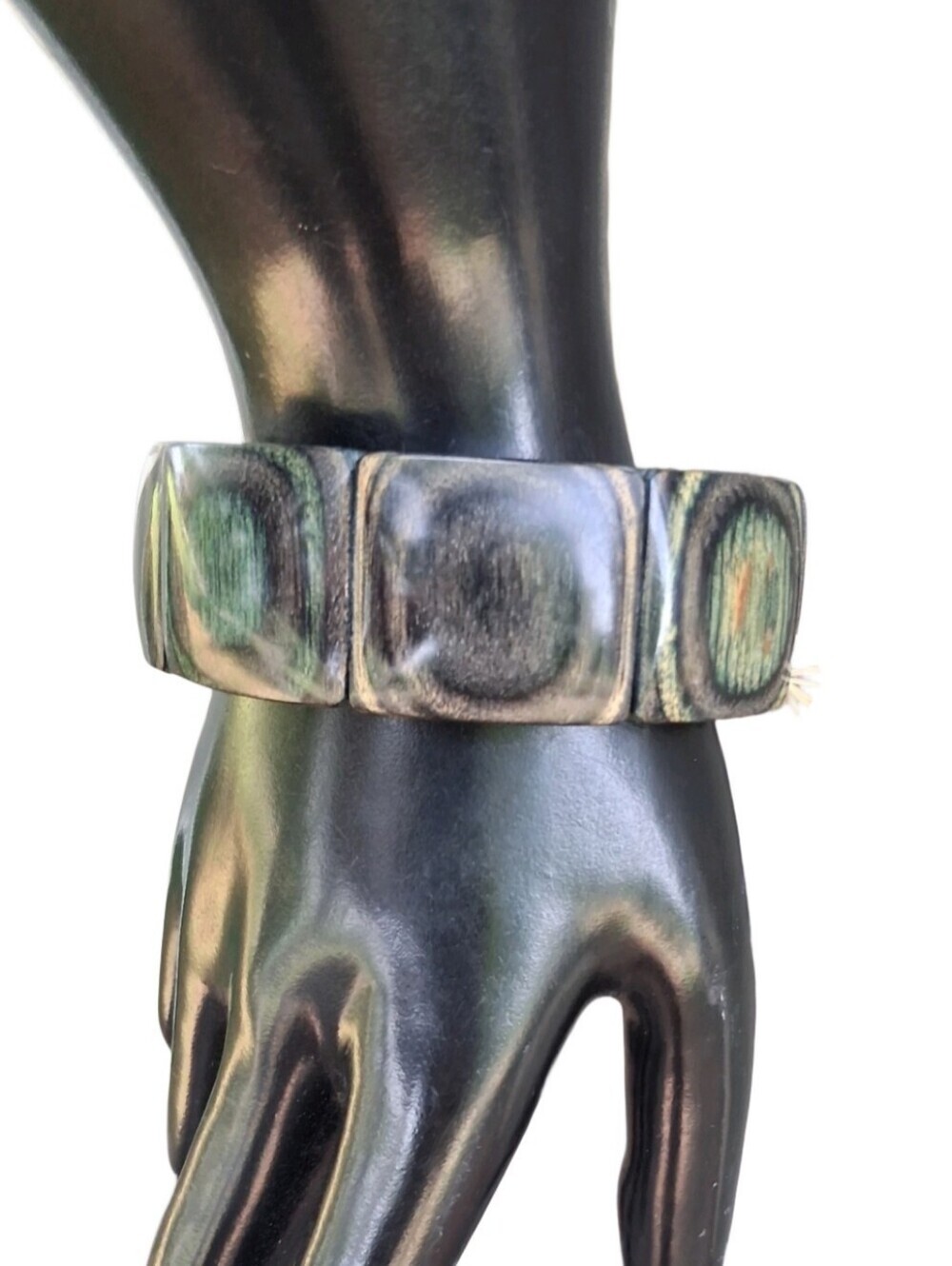 Vintage Made in Alaska Dymondwood Stretch Bracelet - Green & Black Laminated